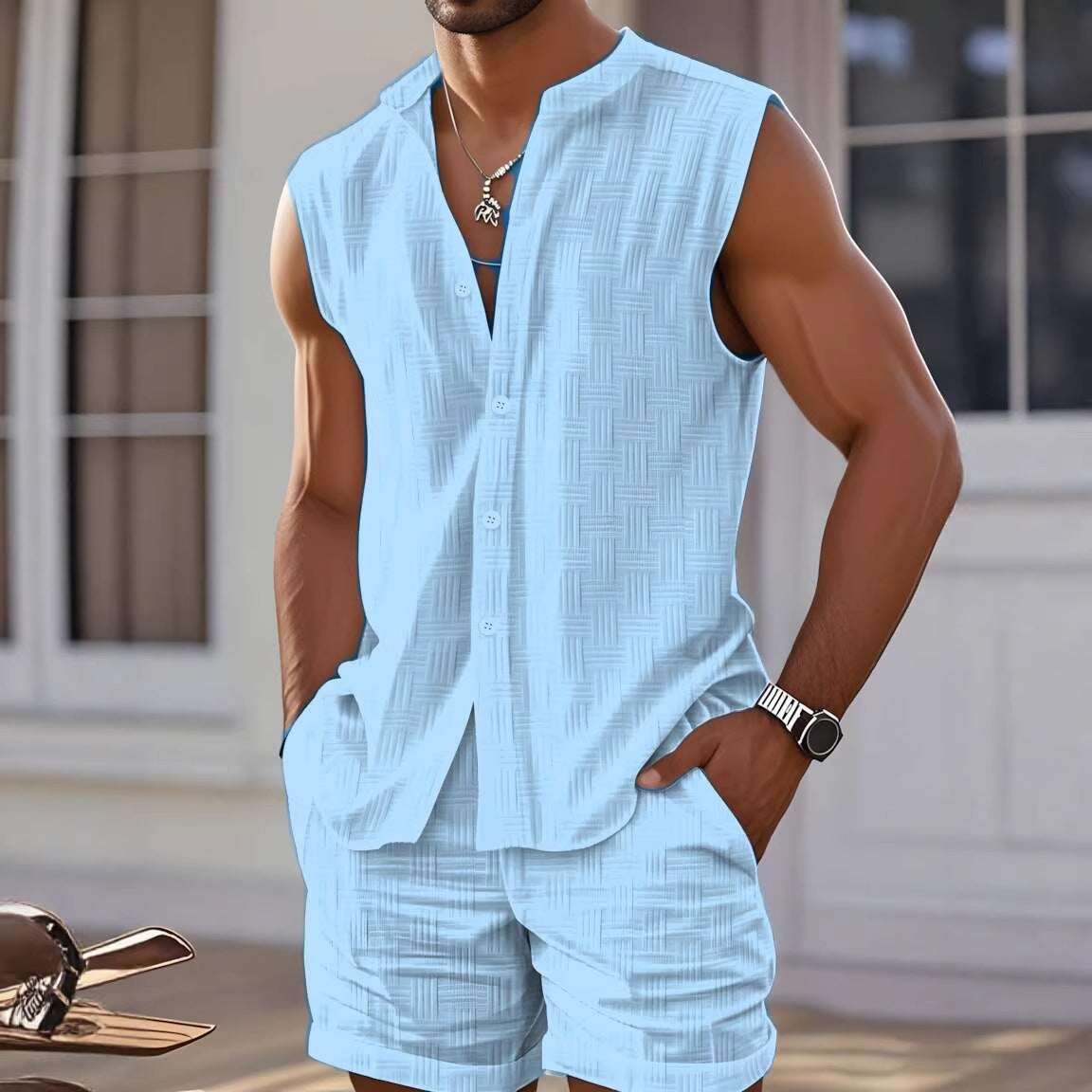 Men's Casual Sleeveless Sportswear Set With Crew Neck
