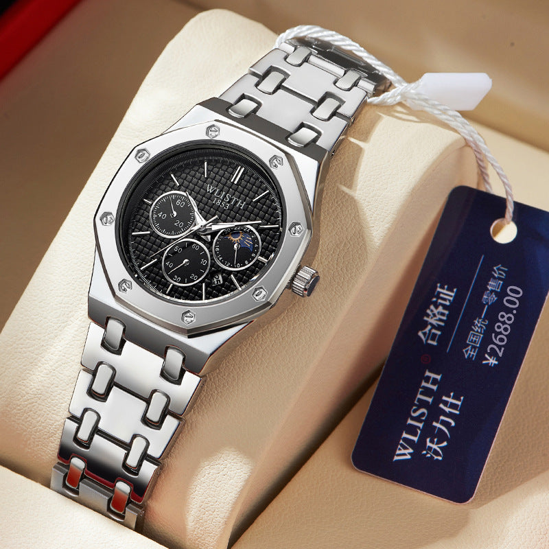 Reloj de mujer con correa de acero luminosa y calendario.