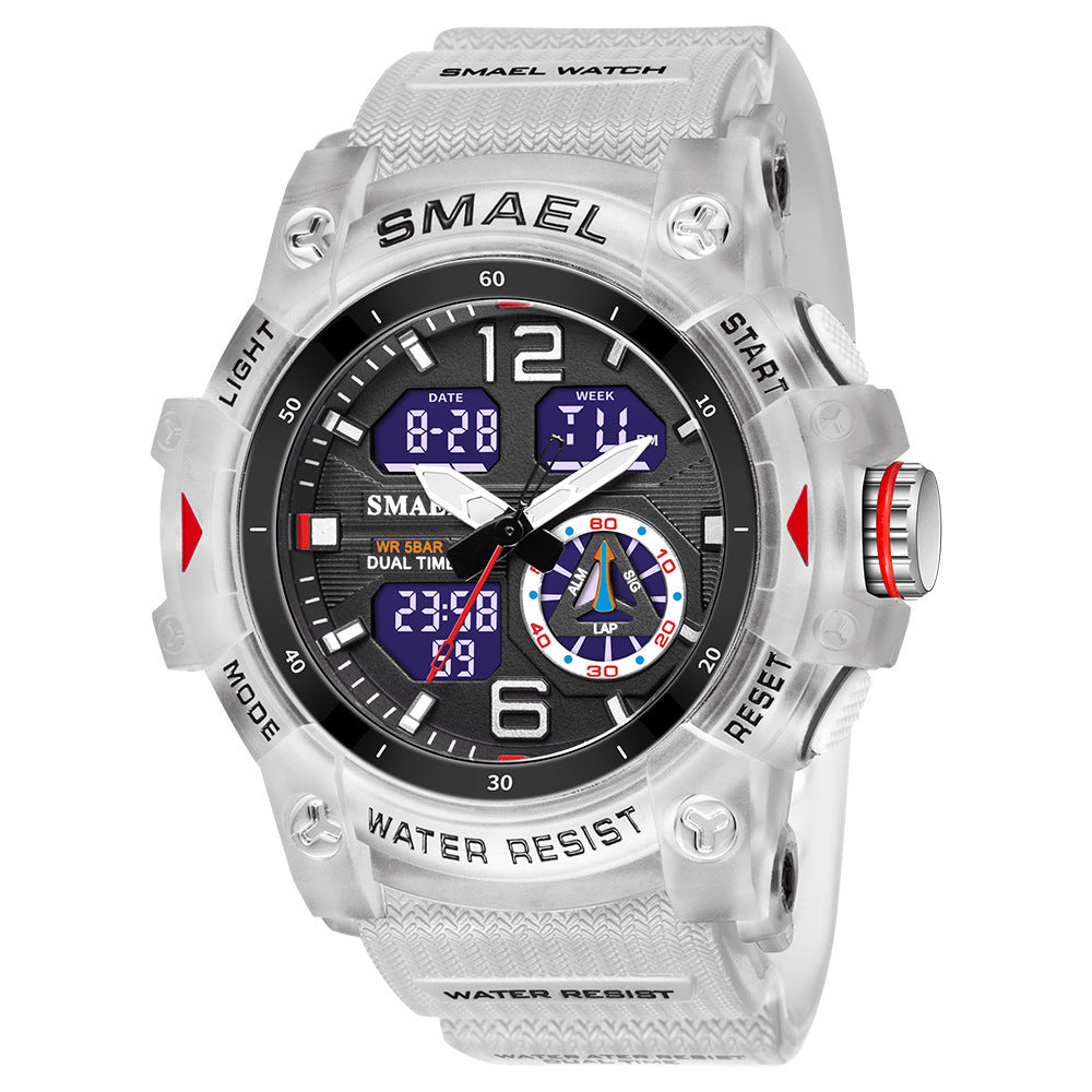 Reloj transparente para hombre para exteriores con un diseño moderno de doble pantalla.
