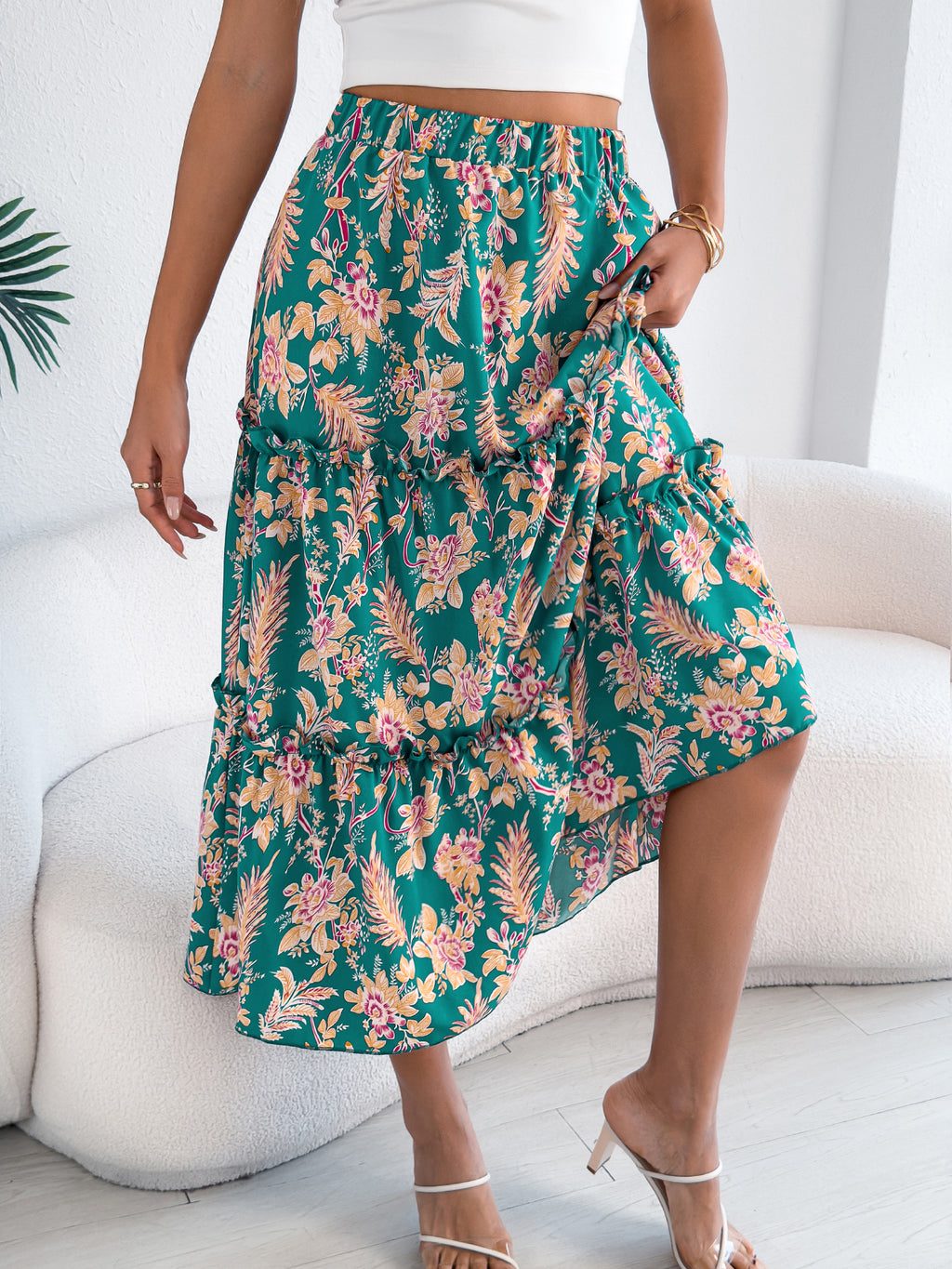 Women's Casual Floral Print Ruffle Trim Midi Beach Skirt