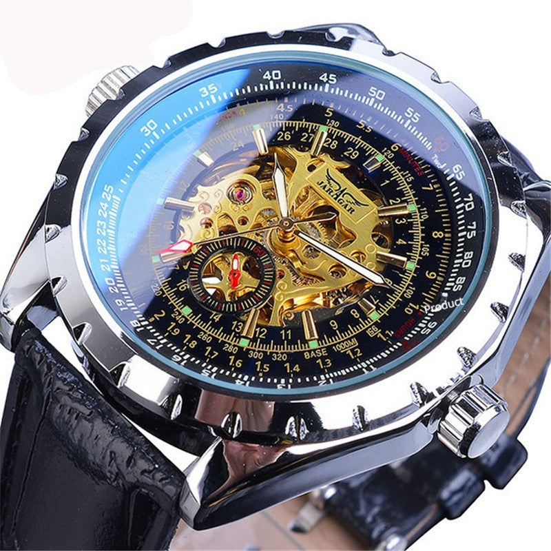 Reloj mecánico automático de esfera grande ahuecado con cristal azul para negocios y estilo informal.