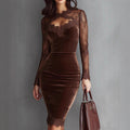 Women's Solid Color Sexy Lace Trim Bodycon Midi Dress, Long Sleeve Party Dress For Spring Autumn Evenings