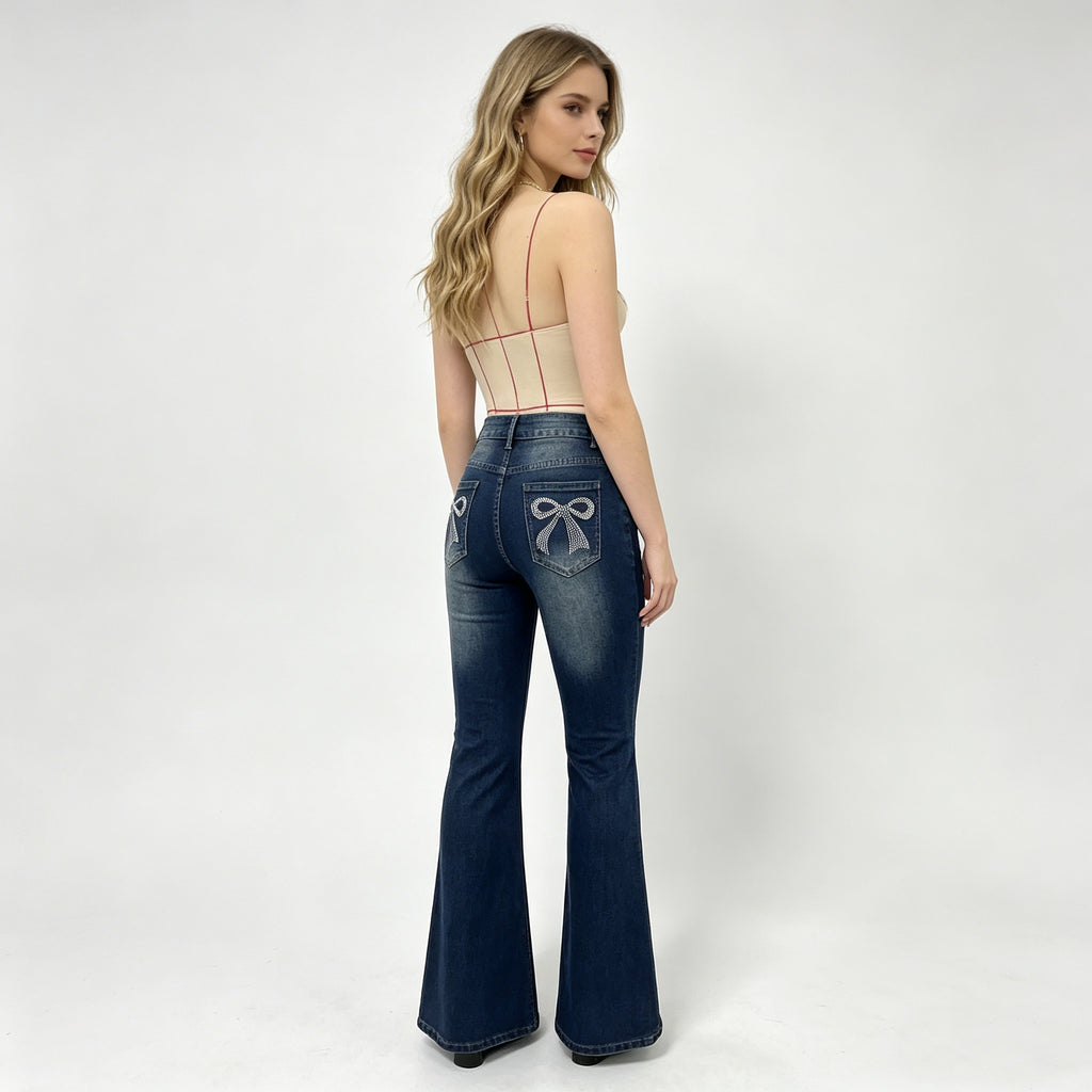 Women's Flared Jeans With Back Pocket Bow & Rhinestone Detail