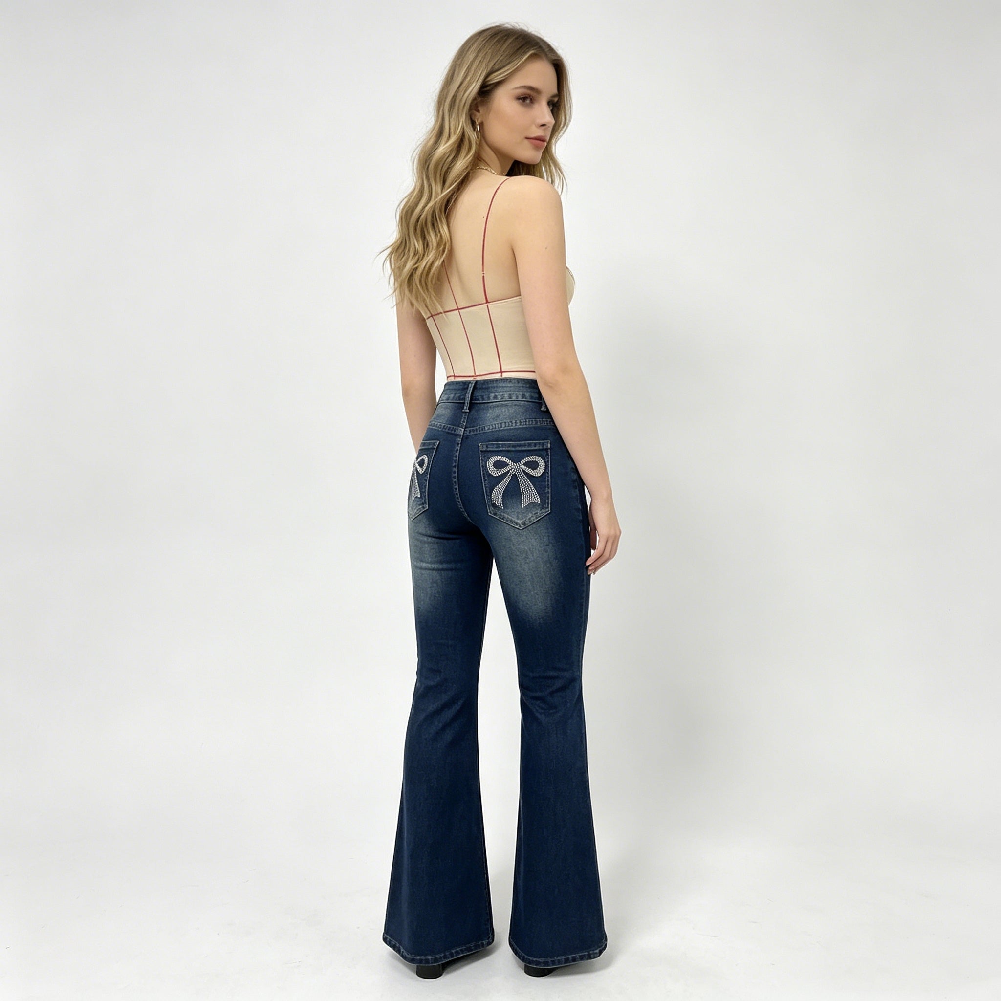 Women's Flared Jeans With Back Pocket Bow & Rhinestone Detail
