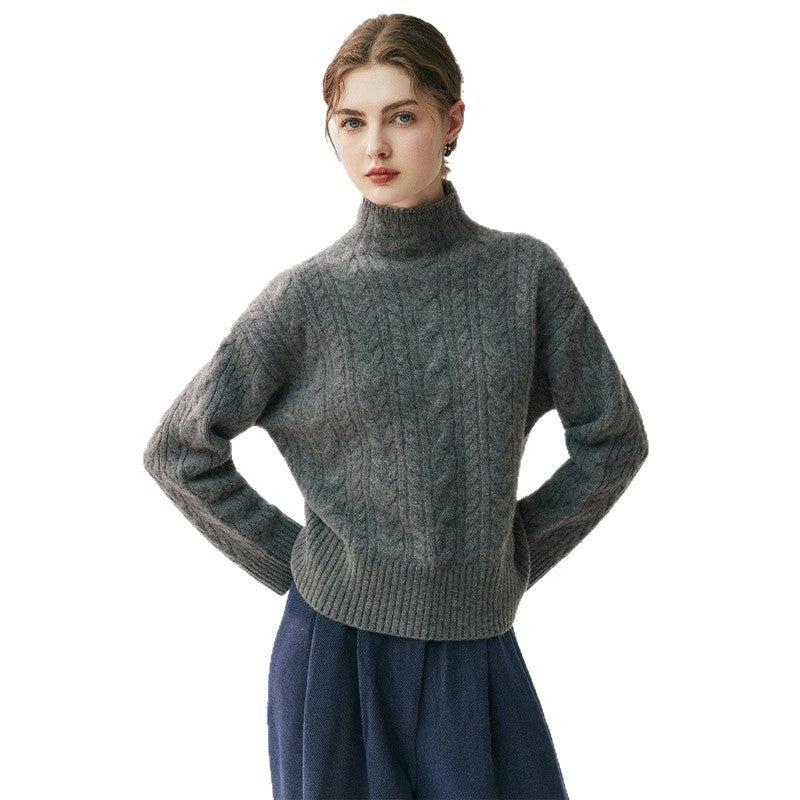 Suéter de cachemira de punto trenzado con cuello alto y costuras para mujer. Elegante, artístico y versátil para cualquier look.