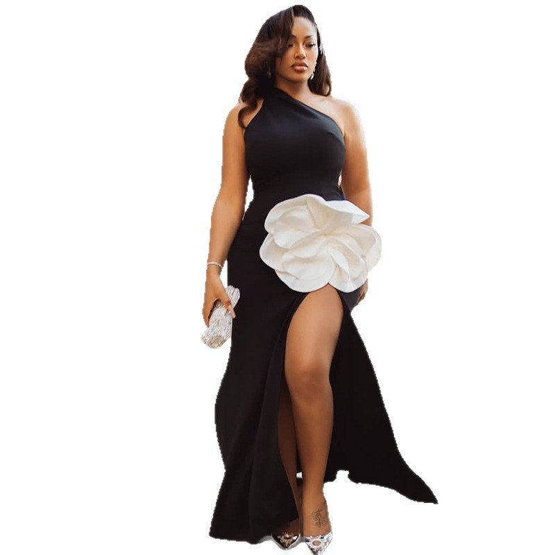 Chic Long Dress With A Slanted Neckline And A Stylish Slit