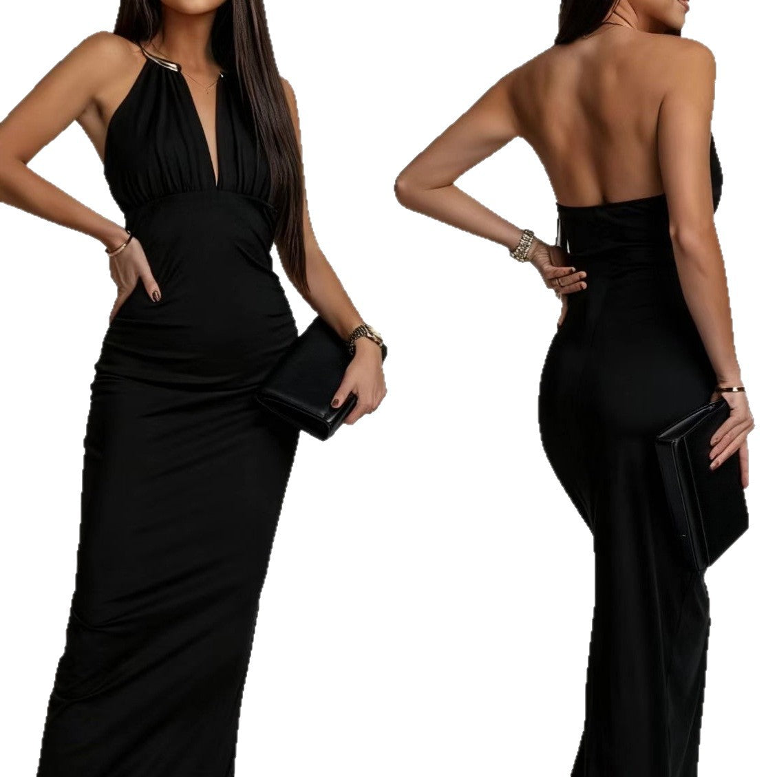 Vestido sexy sin mangas con cuello halter y escote en V profundo