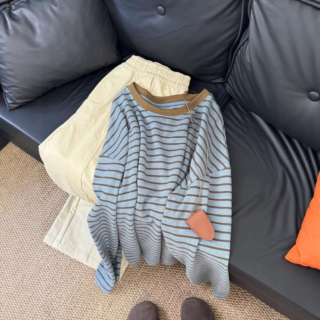 Laid-back Striped Korean-Style Campus-Style Long-Sleeve T-Shirt