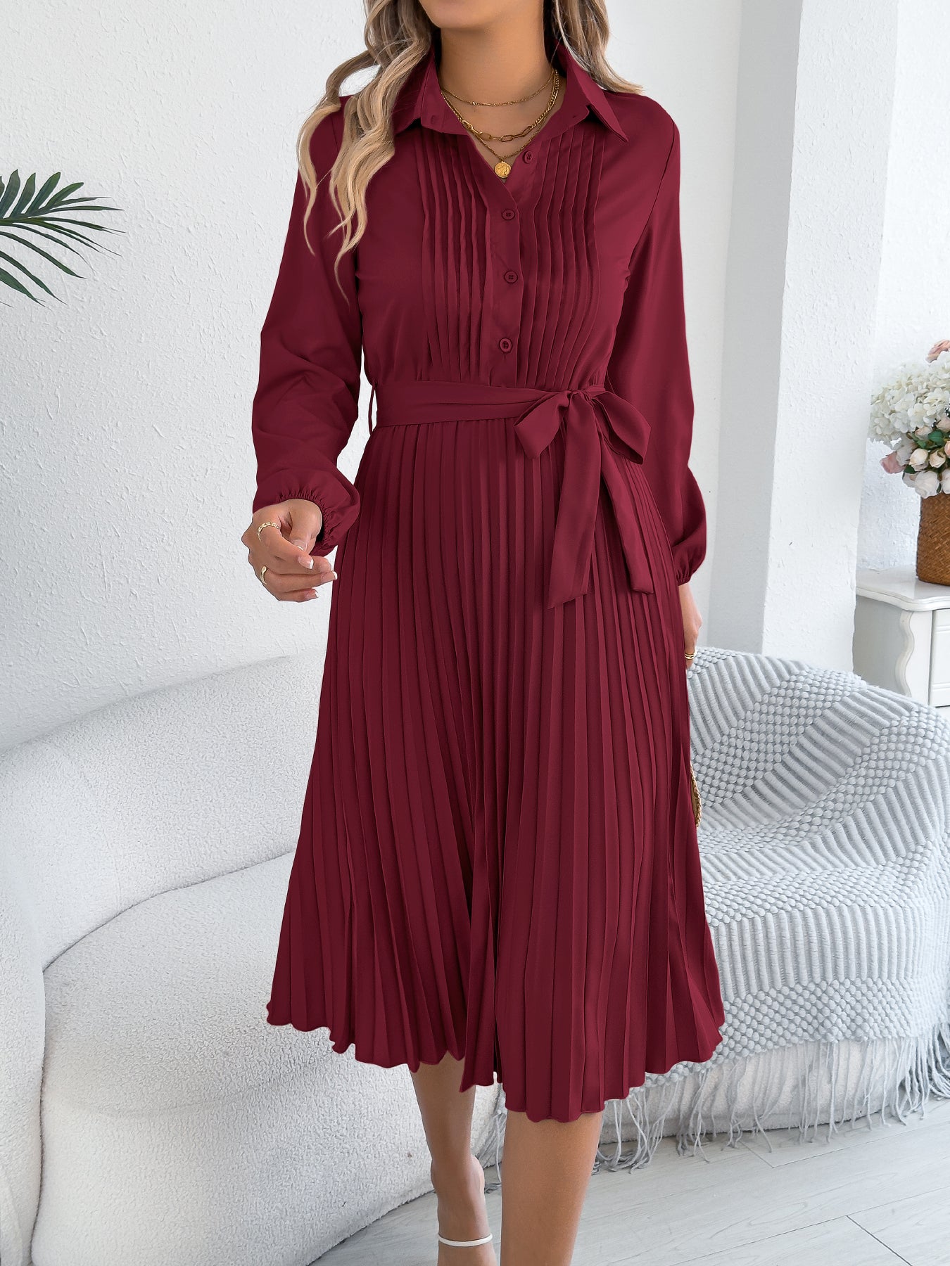 Vestido plisado elegante de color liso con solapa, manga larga y lazo en la cintura para mujer