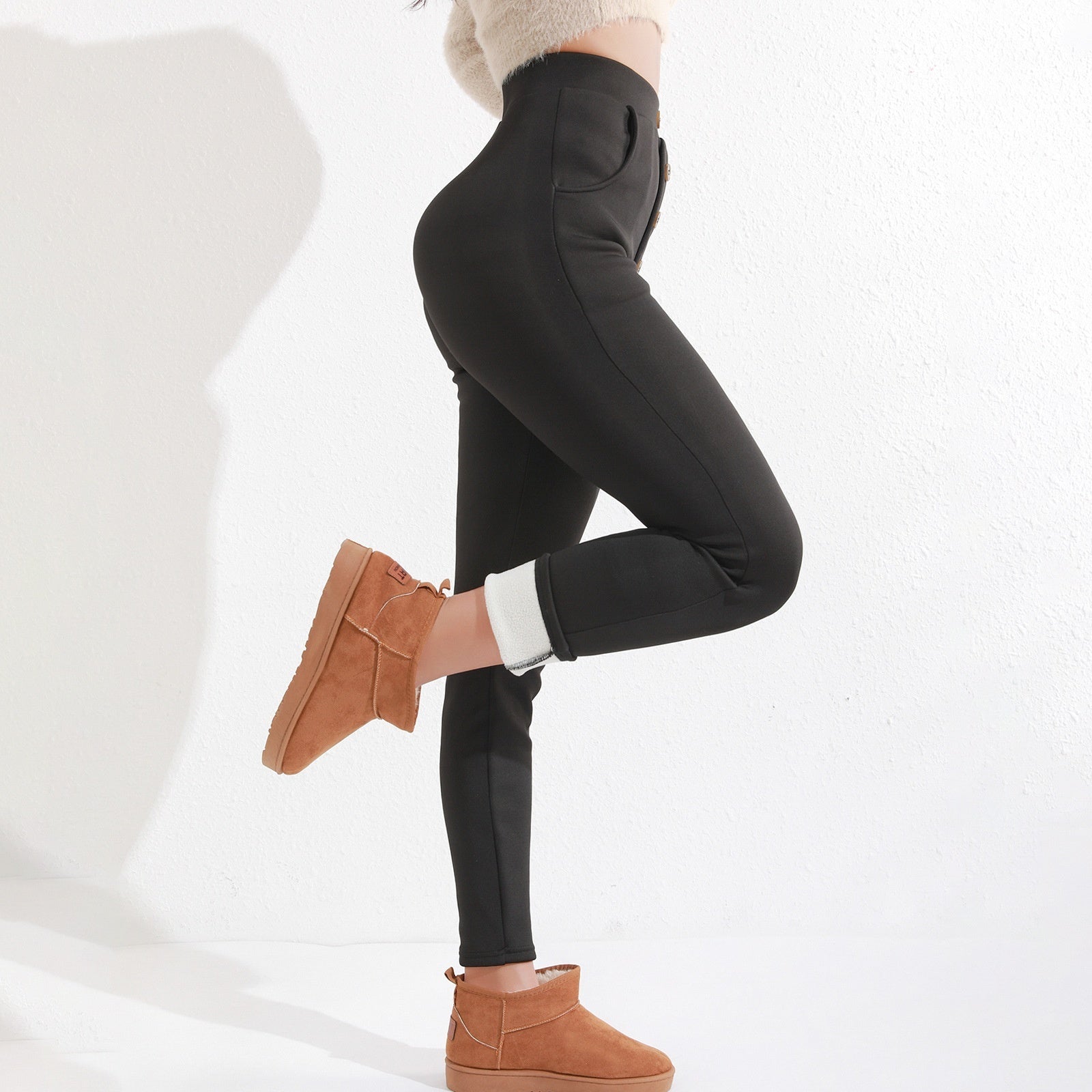 Leggings gruesos de cintura alta con botones para mujer
