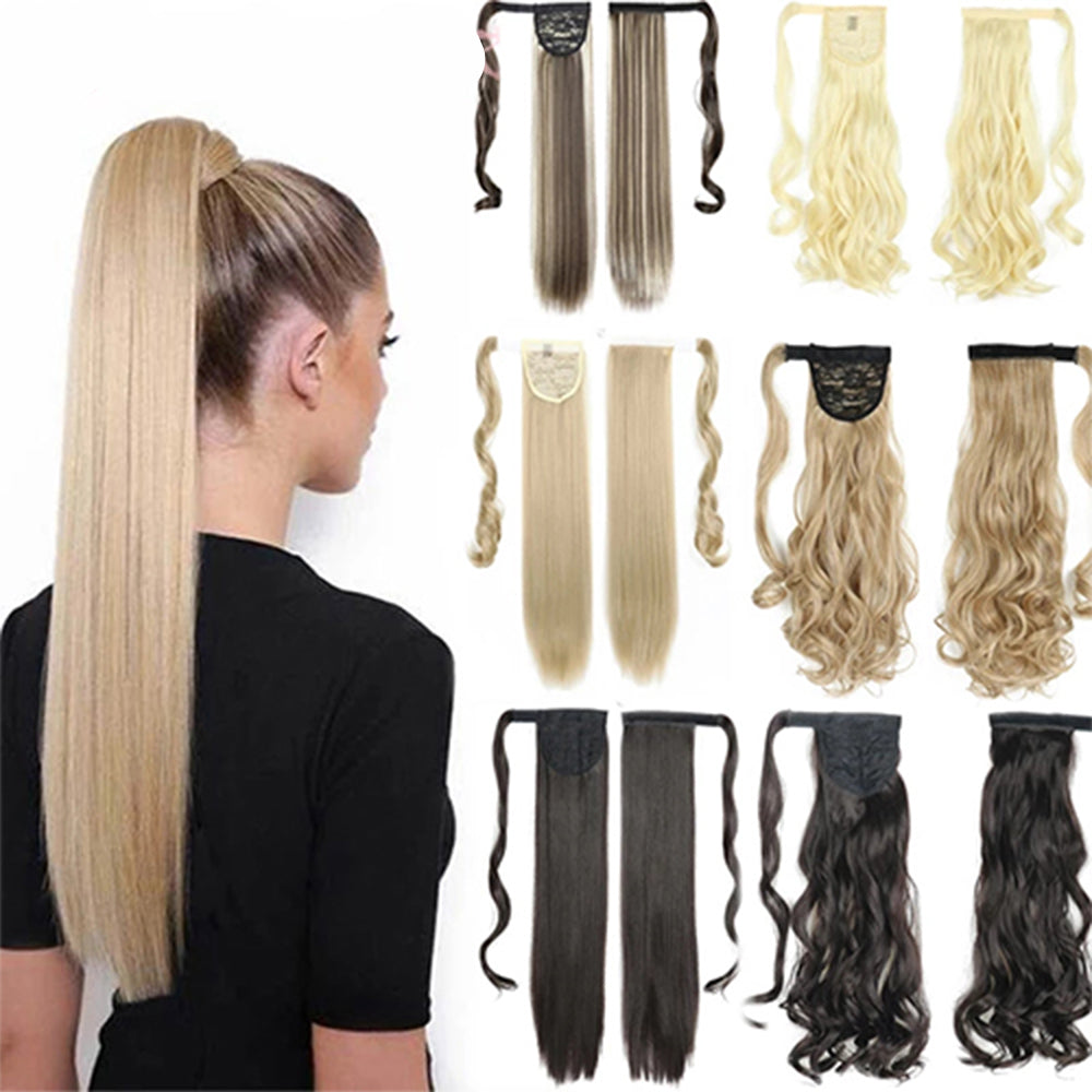 Extensión de cola de caballo larga, recta y envolvente con clip, resistente al calor, sintética, pelo falso