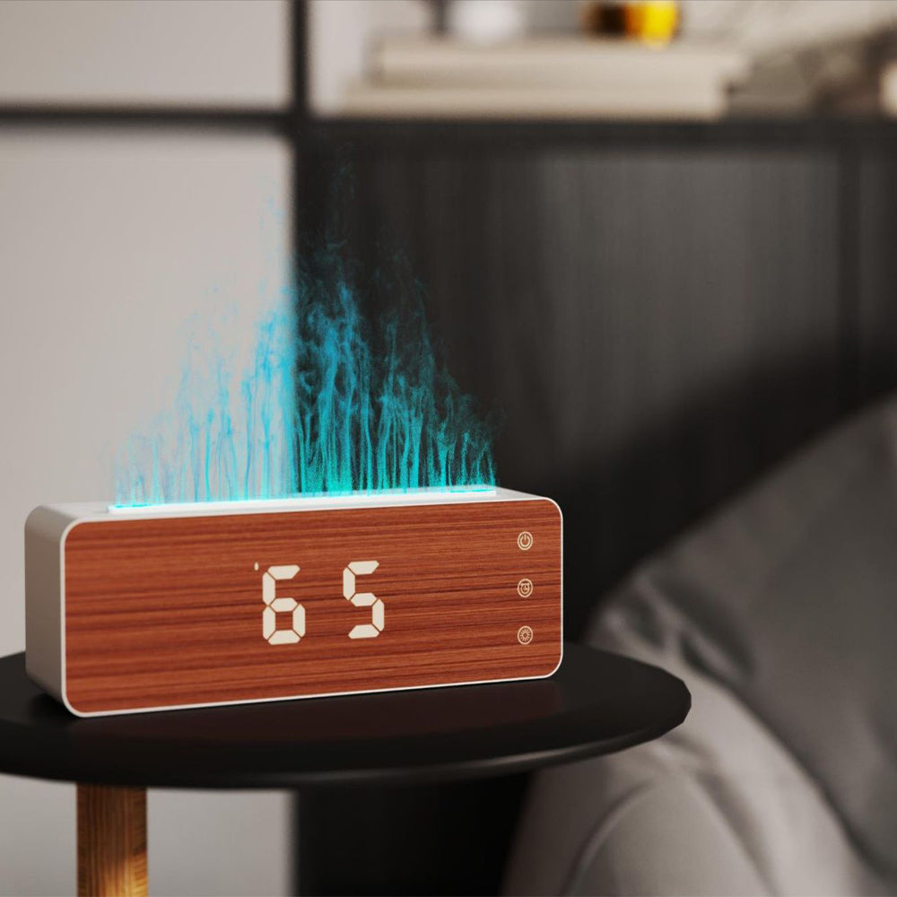 Humidificador de llama, máquina de aromaterapia de llama con pantalla de reloj, humidificador de aromaterapia de escritorio para dormitorio