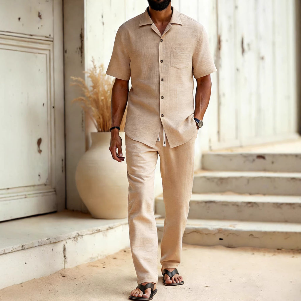 Mens Solid-Colored Lapel Casual Shirt And Pants Set