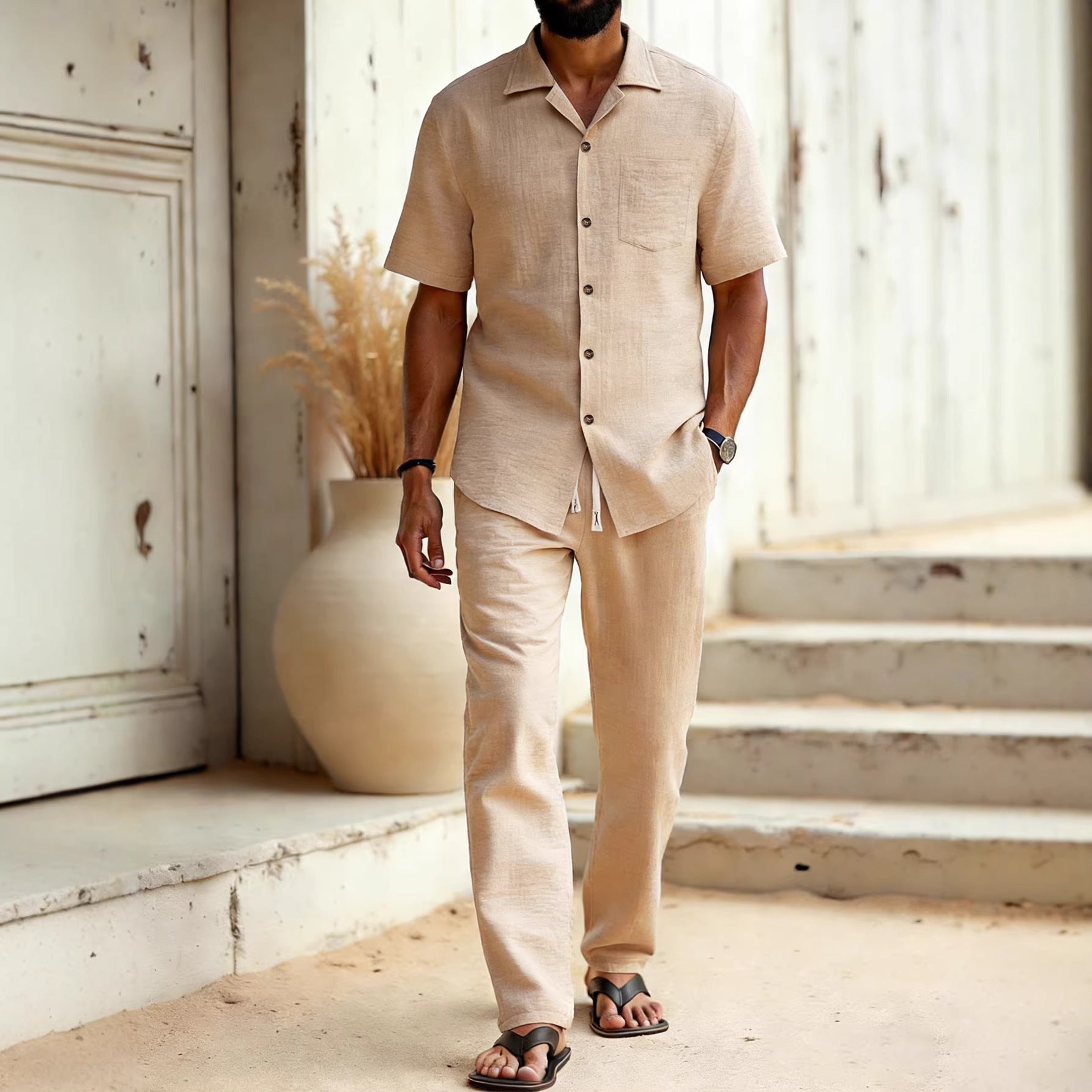 Mens Solid-Colored Lapel Casual Shirt And Pants Set