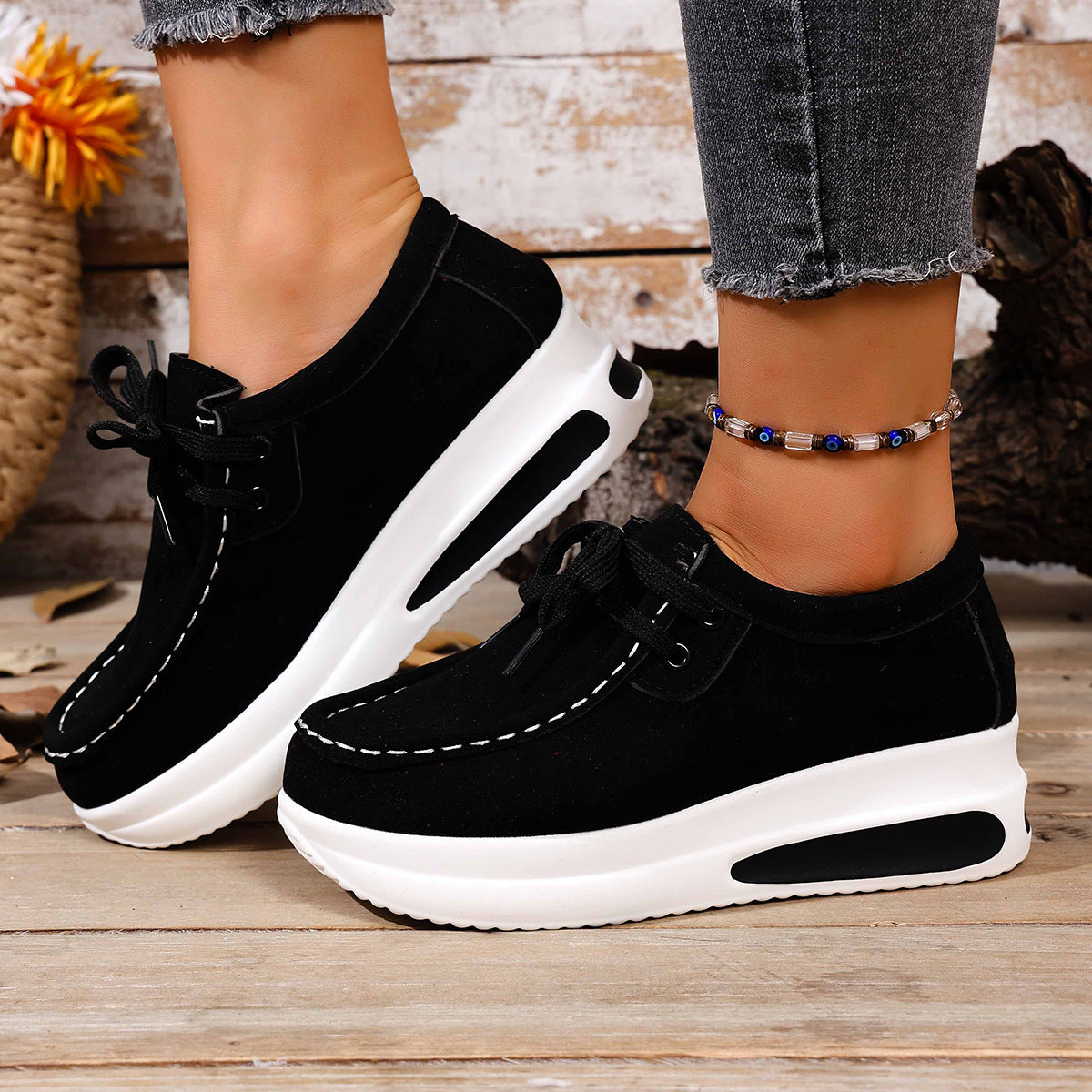 European And American-style Thick-soled Loafers With Front Laces And A Wedge Heelcasual Single-layer Shoes