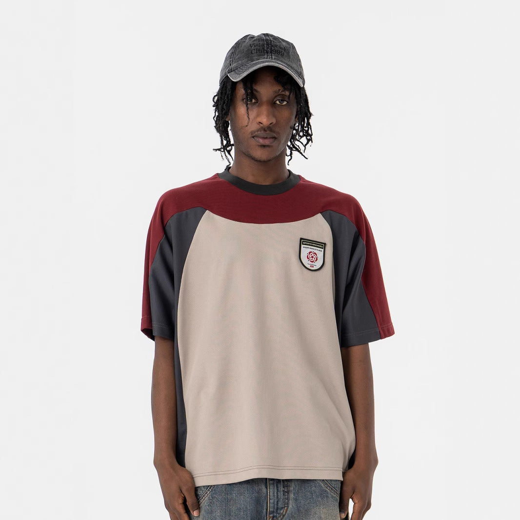 Retro Three-Color Patchwork Design Crew Neck Short Sleeves