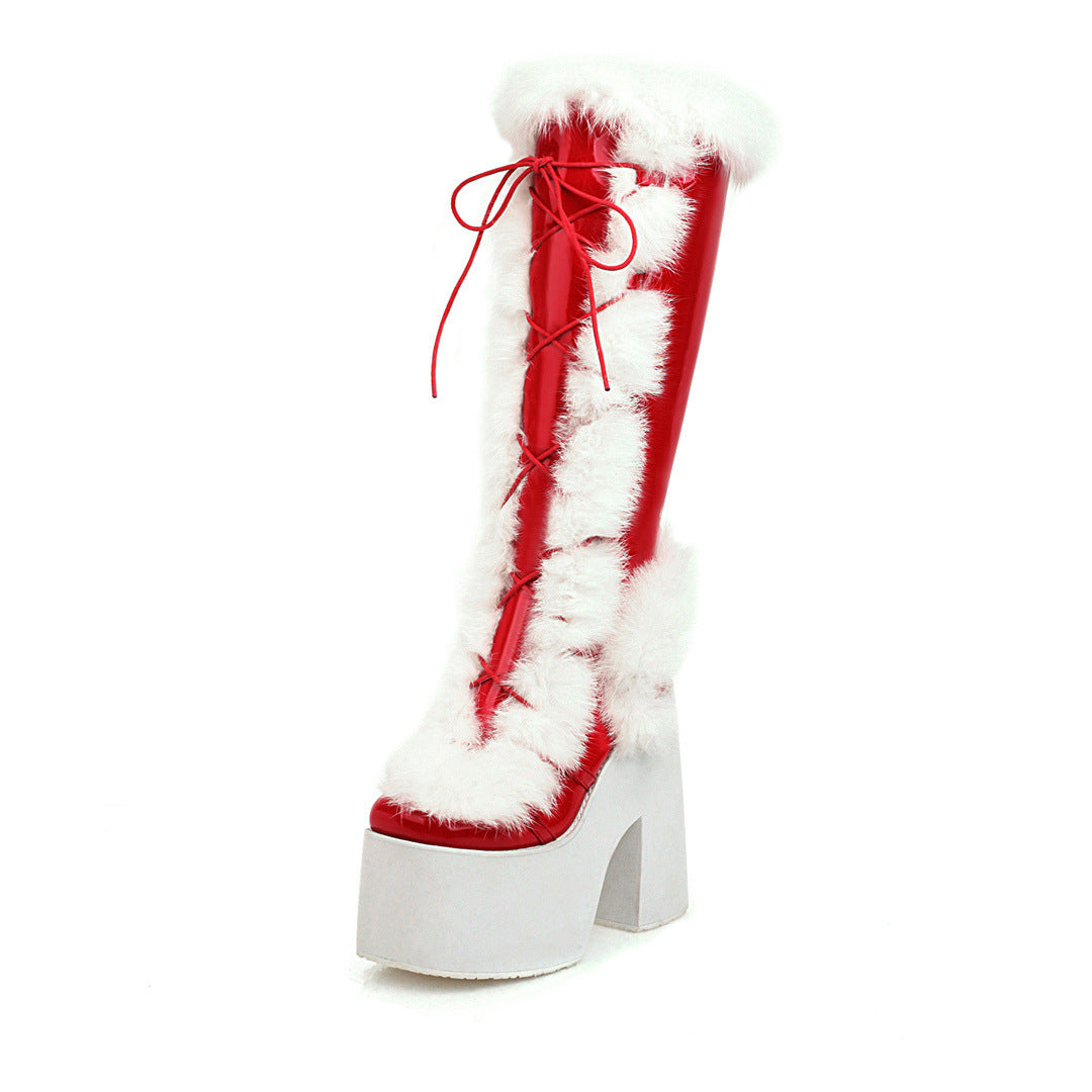 Botas de nieve de suela gruesa con plataforma y tacón alto y botas de piel