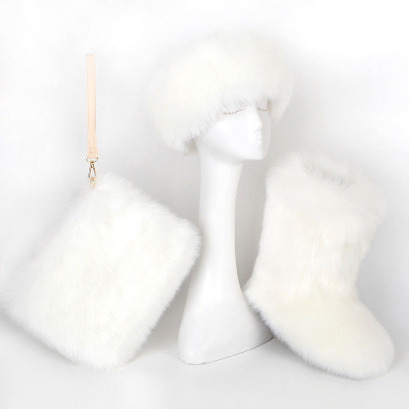 Botas de piel de terciopelo acolchadas de talla grande con imitación de piel de zorro, botas de nieve para mujer, conjunto de tres piezas