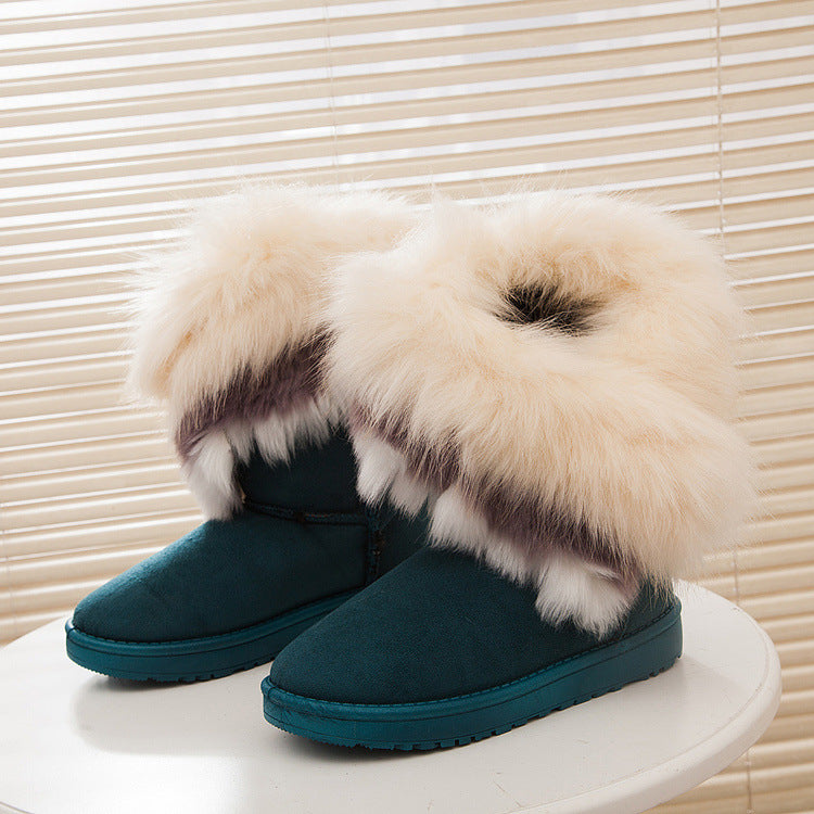 Botas de nieve de piel de zorro de gran tamaño con suela gruesa y antideslizantes, con borlas de piel de conejo, para mujer