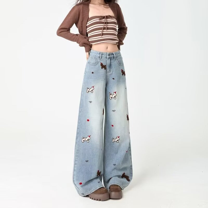 Fashionable Embroidered Wide-Leg Denim Jeans For Women