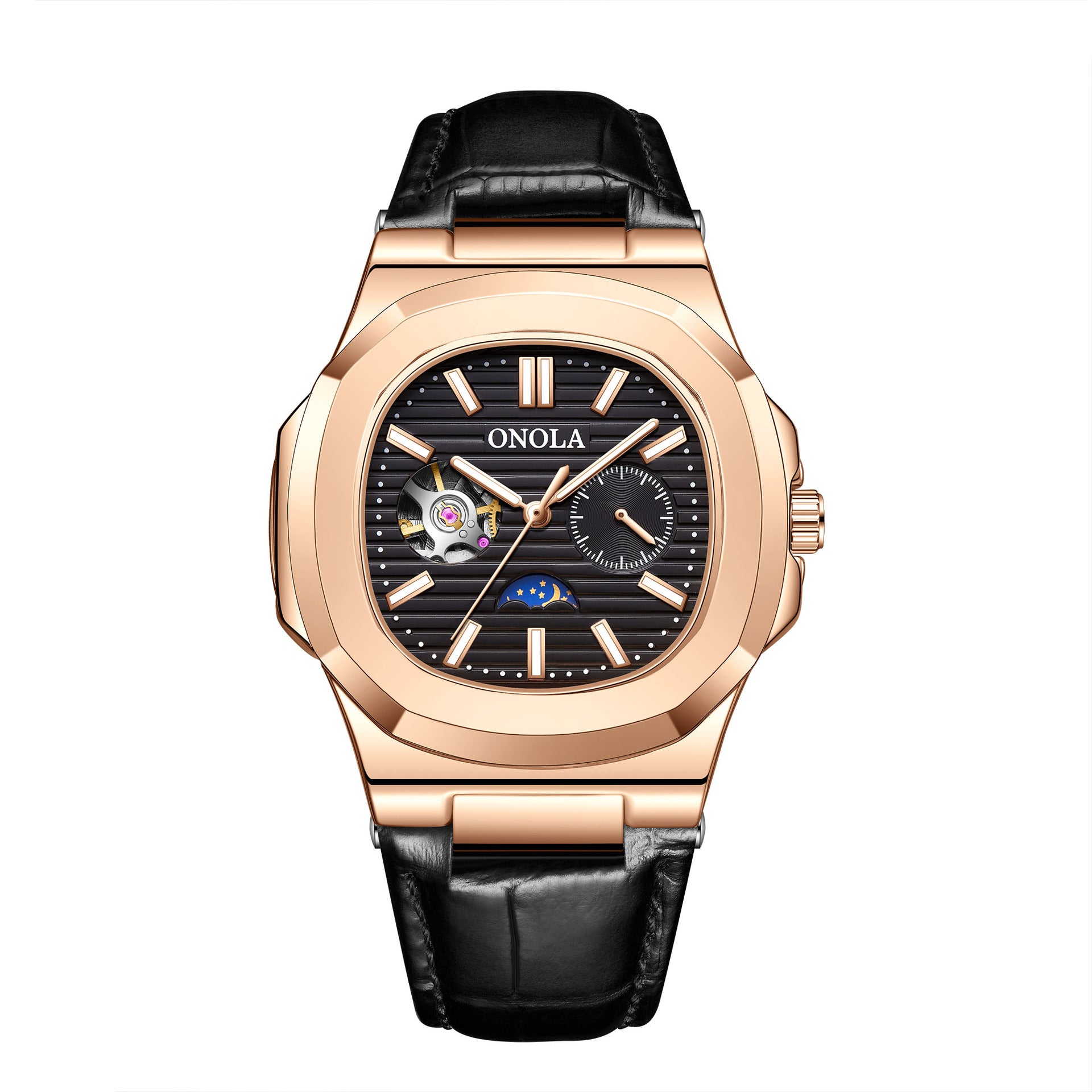 Reloj mecánico de alta calidad con diseño de sol, luna y estrellas, correa de cuero impermeable.