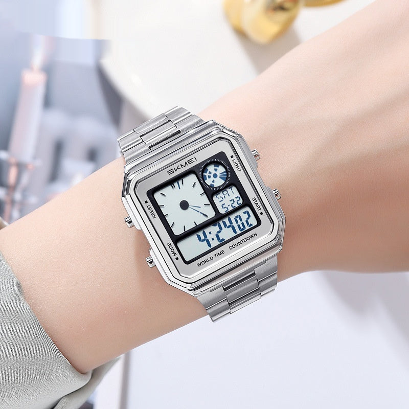 Reloj despertador cuadrado dorado resistente al agua con correa de acero y pantalla digital luminosa.