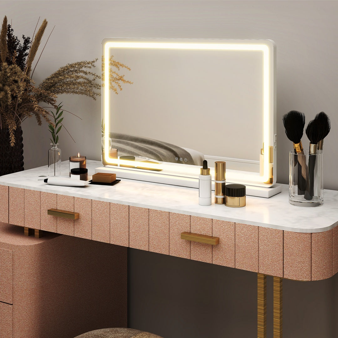Espejo de tocador con luces LED, espejo de maquillaje con 3 modos de color regulables, control táctil, espejo de tocador de escritorio cuadrado blanco.