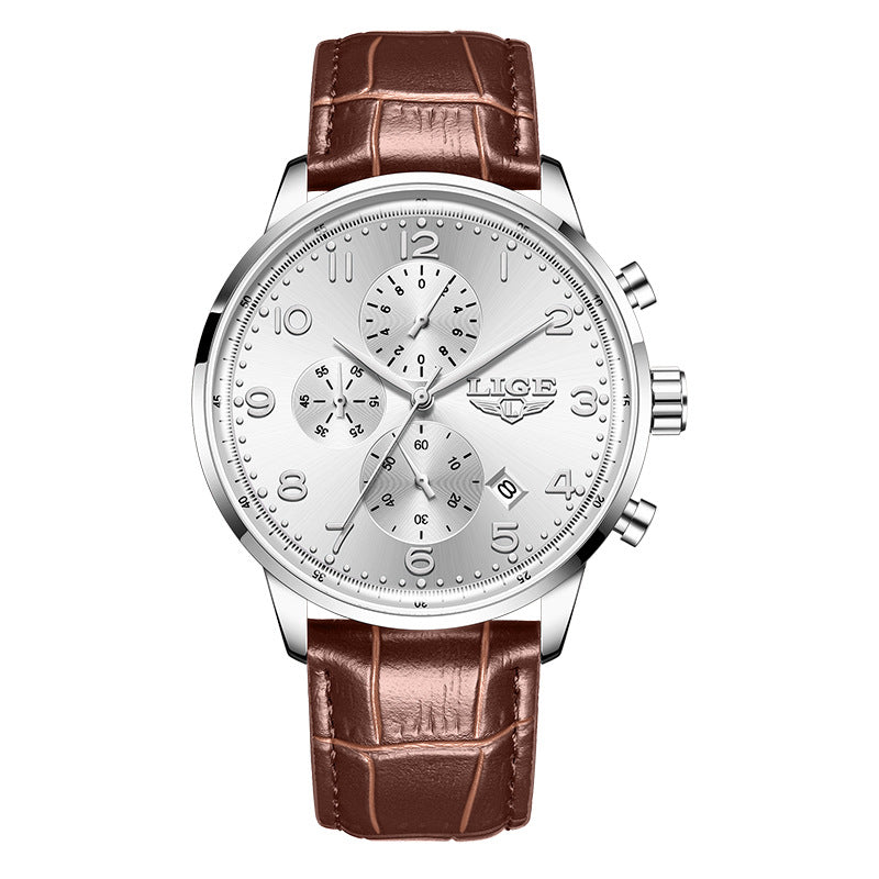 Reloj mecánico de negocios para hombre, multifuncional, con calendario y correa de cuero, resistente al agua