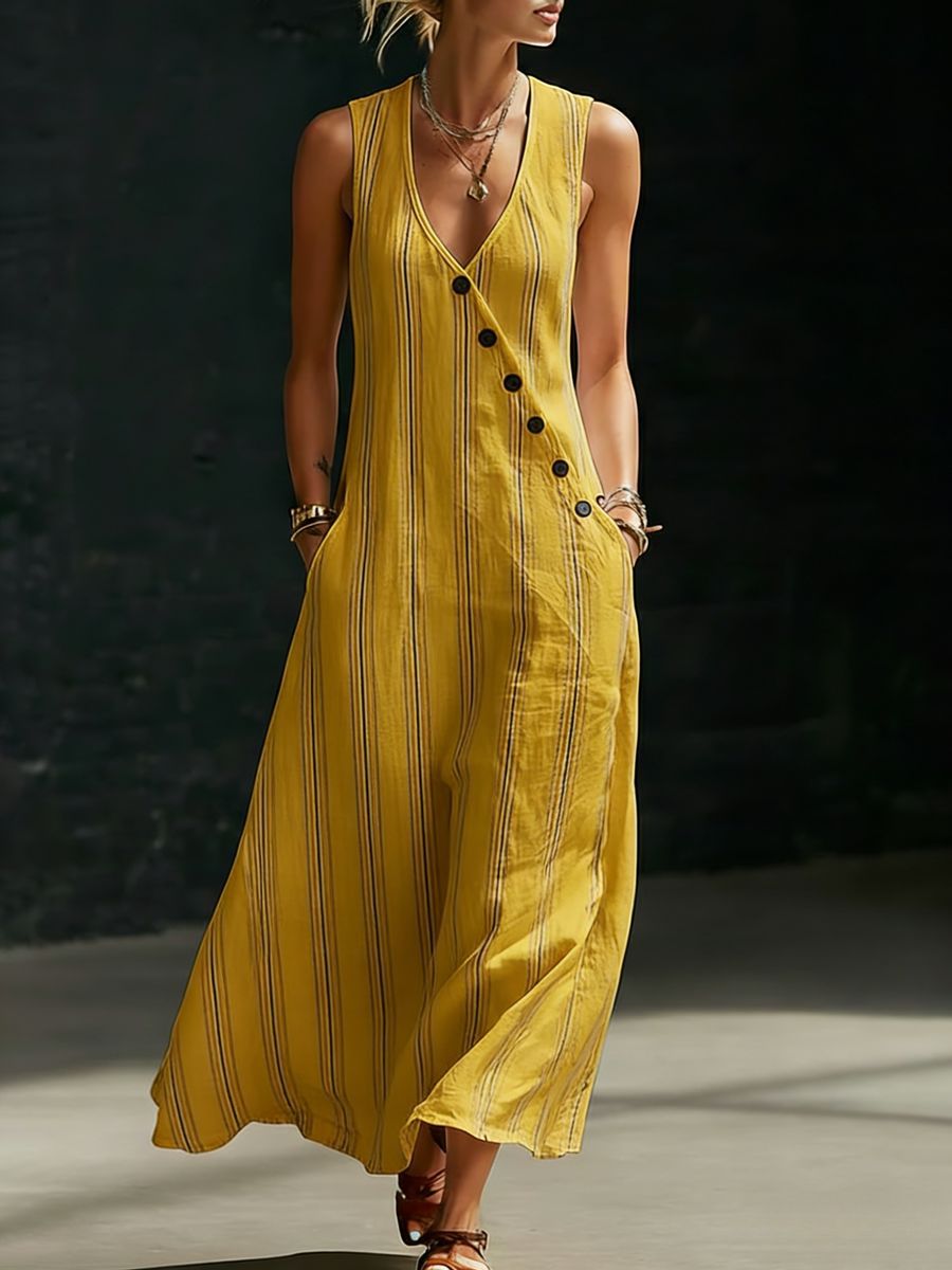 Womens Loose V-Neck Slant-Button Dress