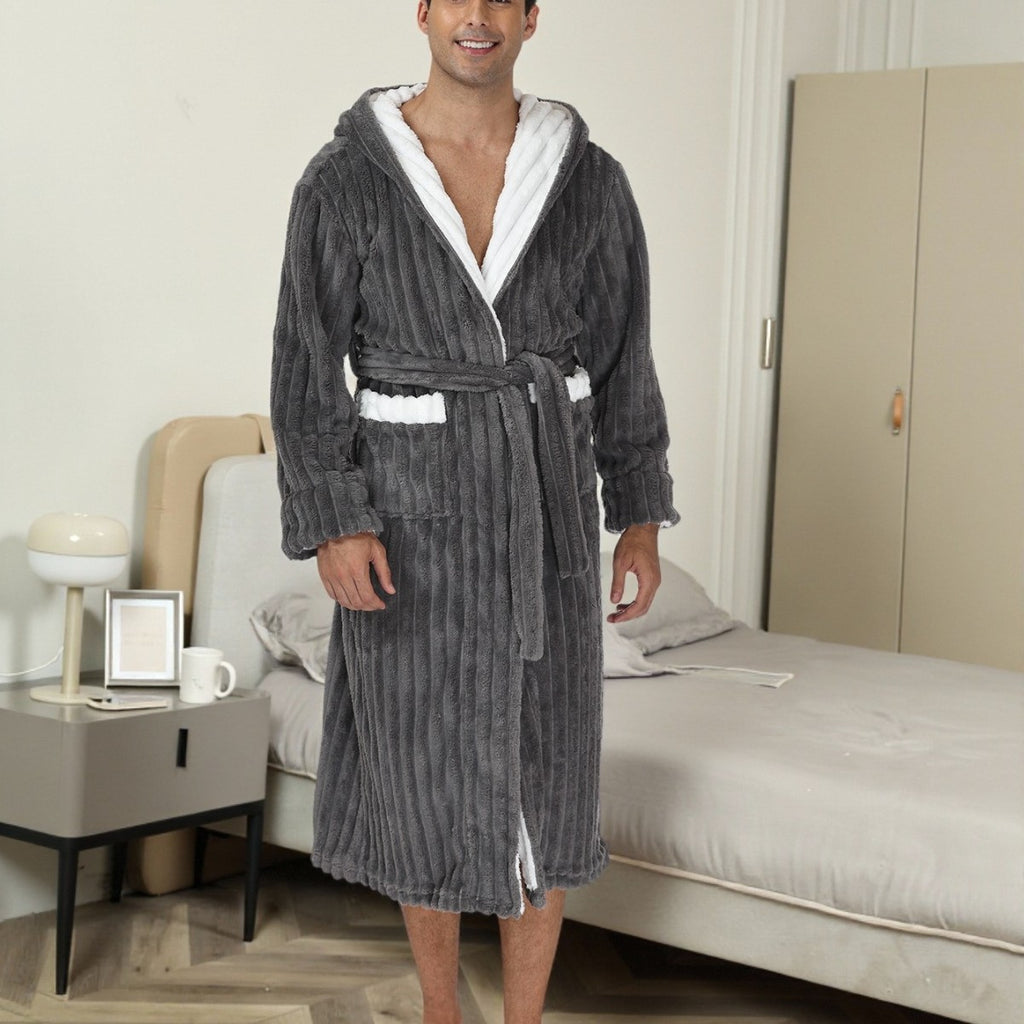 Bata de dormir gruesa de franela para hombre, bata larga con capucha y encaje