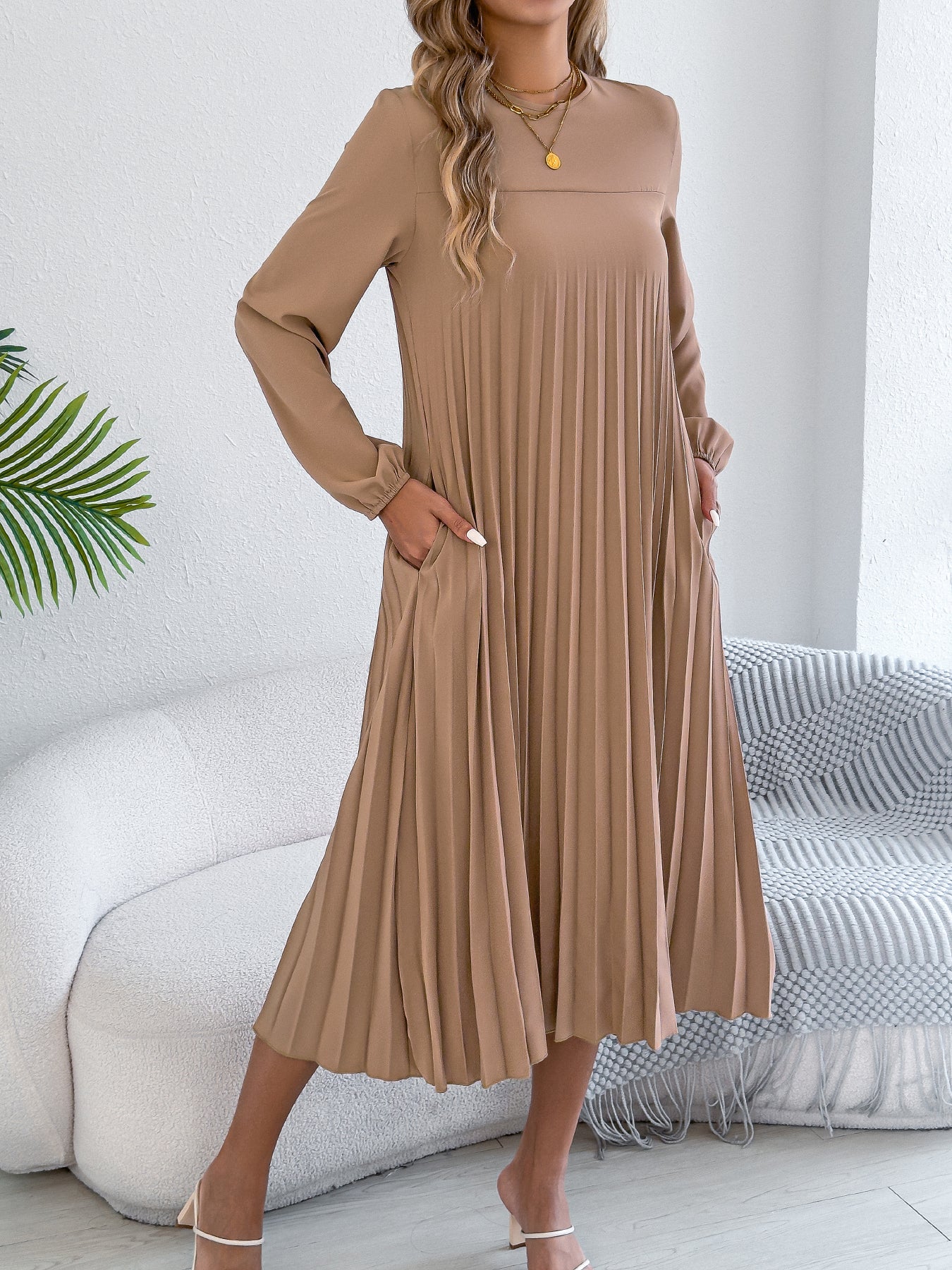 Vestido plisado informal de manga larga con bolsillos y color liso para mujer