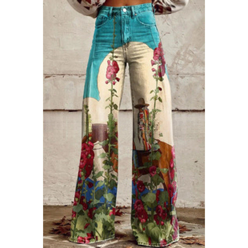 Thermal Transfer Bell-bottom Pants Simulation Denim Trousers Loose Pants