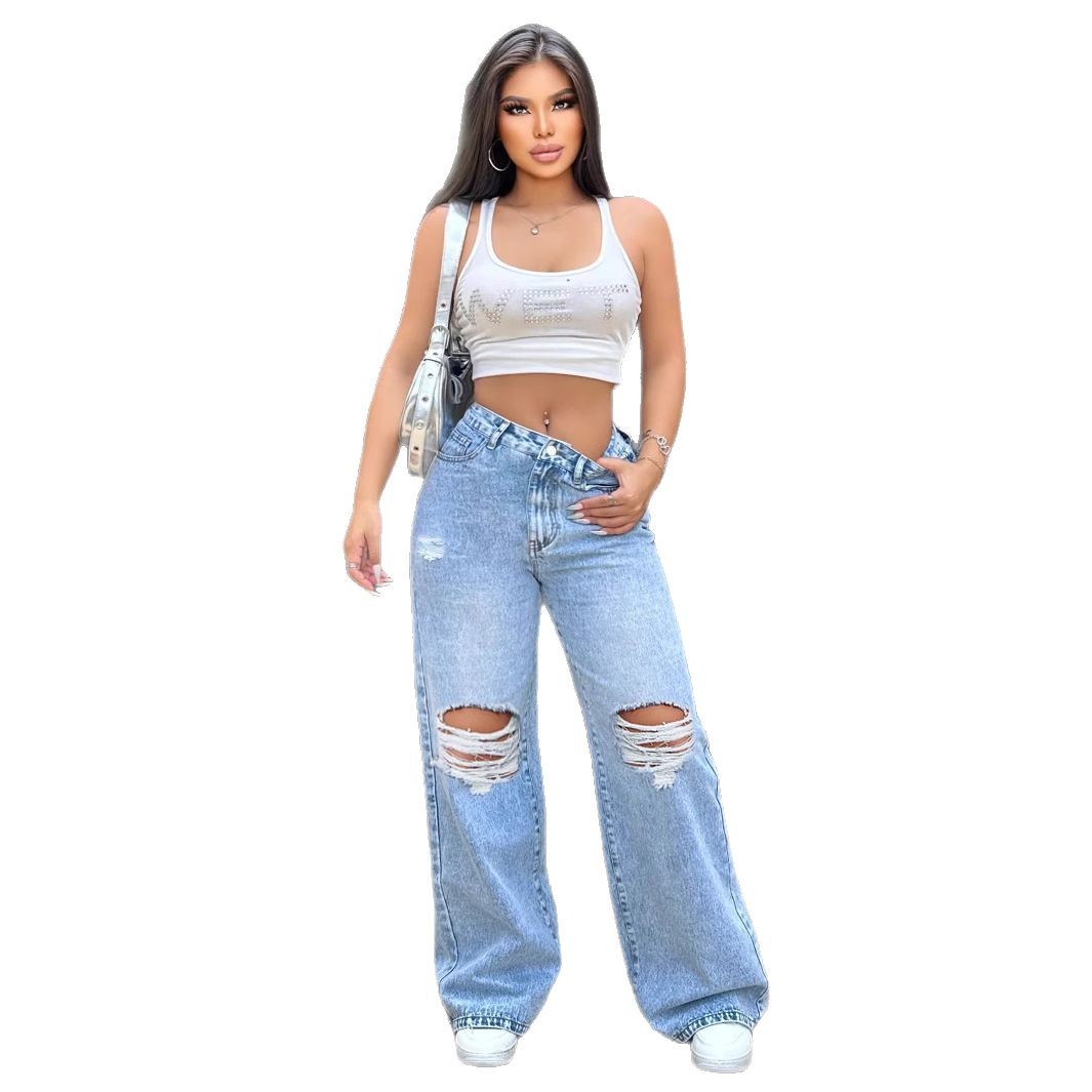 Ripped Washed Jeans Loose Straight Wide Leg