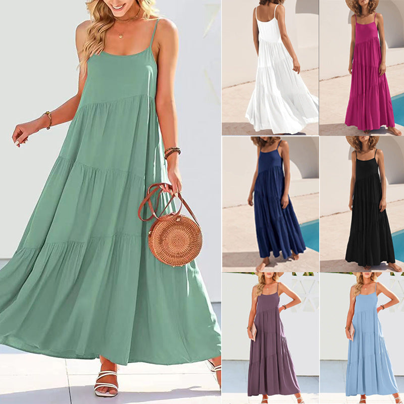 Womens Loose Casual Pleated Irregular Dress Beach Slip Maxi Dress