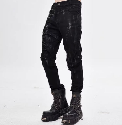 Pantalones Punk Mecha para hombre, pantalones casuales ajustados con aspecto de mezclilla desgastada lavada.
