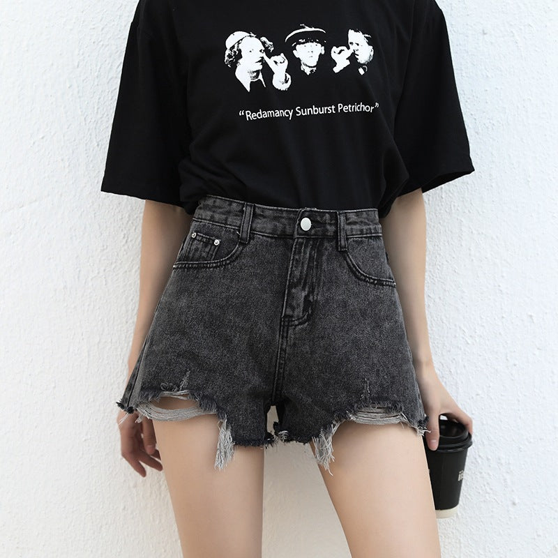 Pantalones cortos vaqueros negros y grises con rotos
