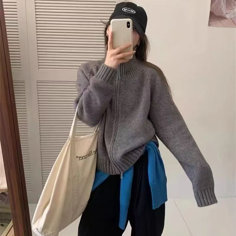 Cárdigan de punto holgado, sencillo, con cuello alto y estilo relajado