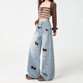 Fashionable Embroidered Wide-Leg Denim Jeans For Women