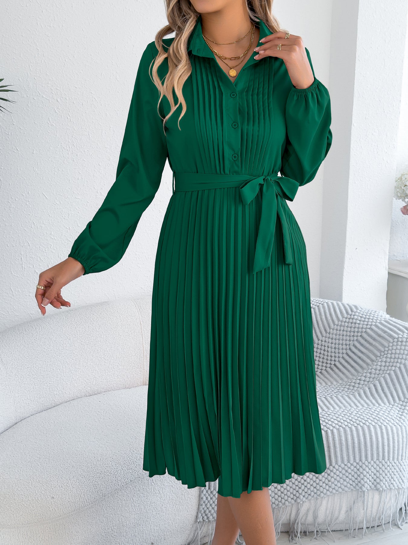 Vestido plisado elegante de color liso con solapa, manga larga y lazo en la cintura para mujer