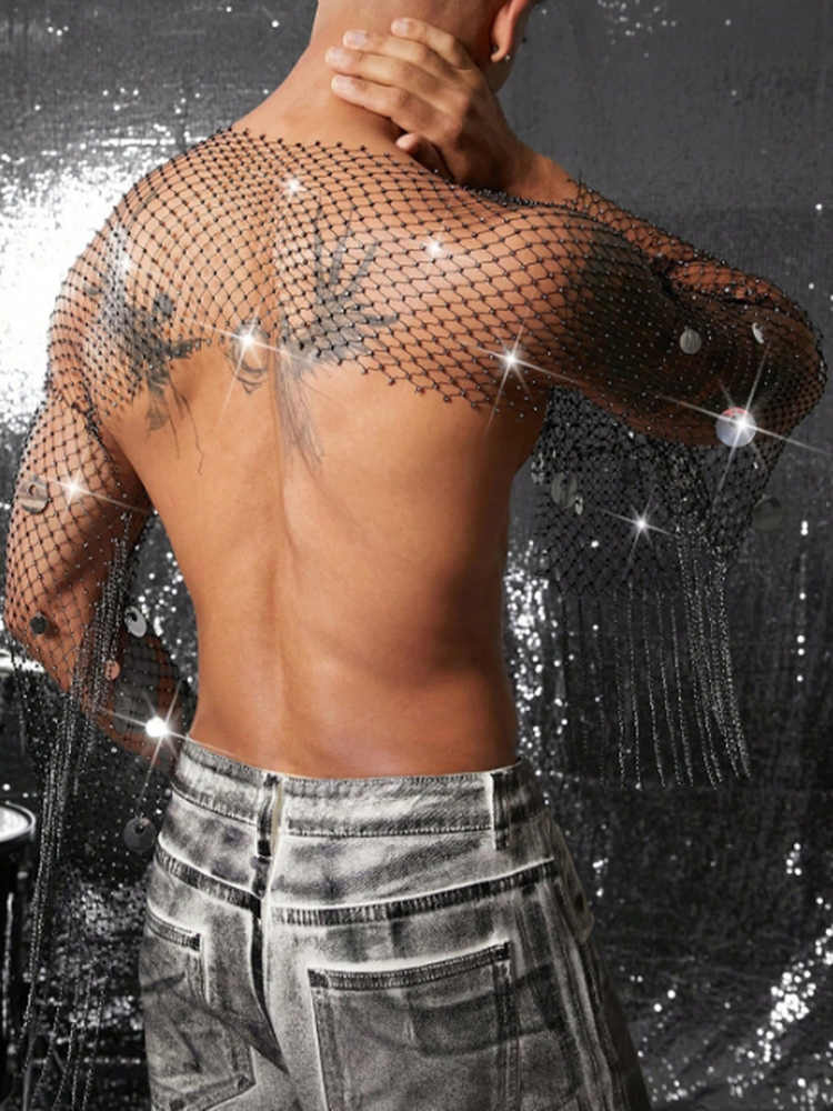 Camiseta de malla transparente calada para hombre con diseño calado, brillantes diamantes de imitación y lentejuelas.