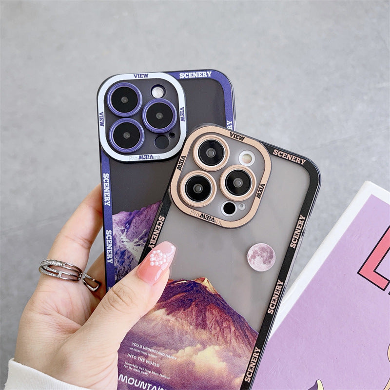 Nueva funda morada oscura para Apple 14 con paisaje de montaña