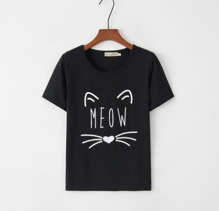 MEOW pattern printed short-sleeved T-shirt ladies tops
