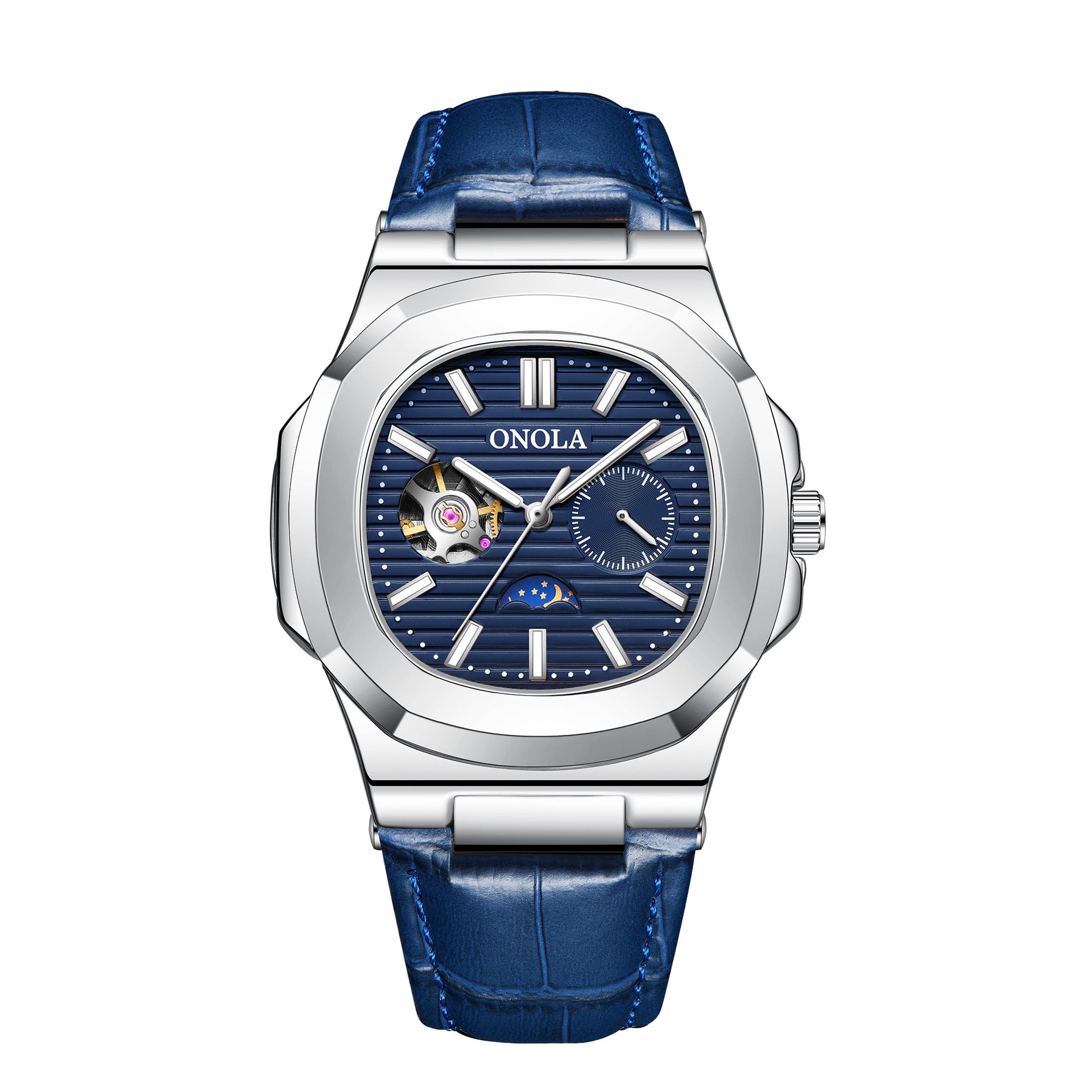 Reloj mecánico de alta calidad con diseño de sol, luna y estrellas, correa de cuero impermeable.