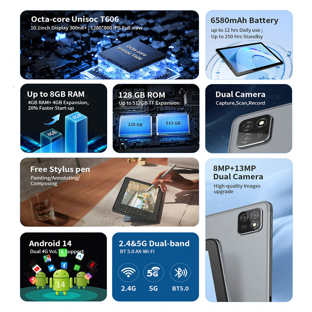 G tab T11 Android 14 Tablet 10.1 Inch 1280&800 IPS Screen Unisoc 8 Core Max 1.6GHz 8GB RAM 4GB&4GB Expansion128GB ROM 2.4&5GHz WiFi Bluetooth 5.0 6580mAh Battery 8MP&13MP Camera Dual 4G