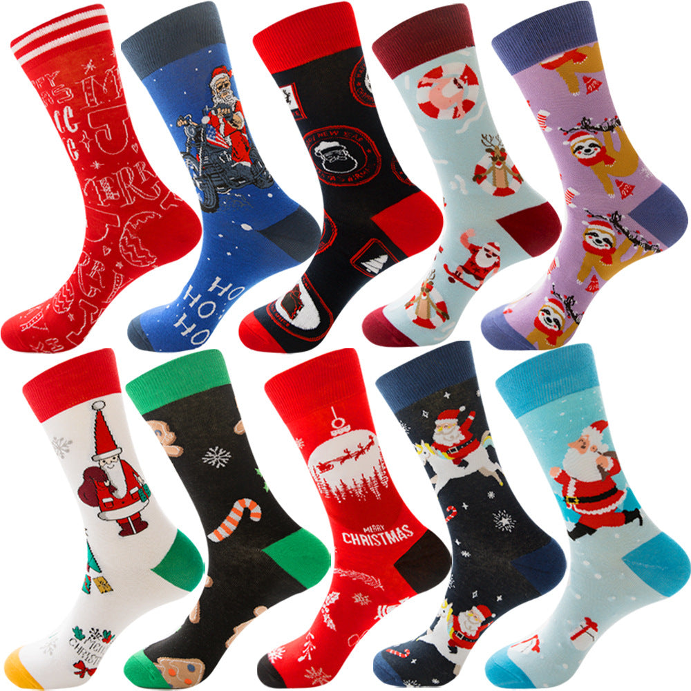 Calcetines de otoño para hombre con estampado de rombos y temática navideña de animales y frutas.