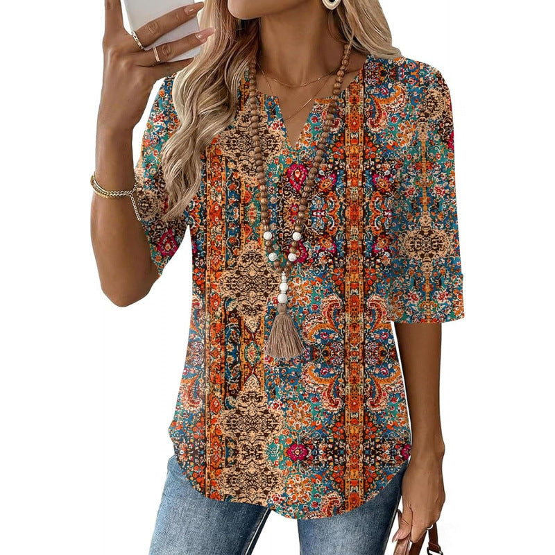 Retro V-neck Elegant Loose-Fitting Mid-sleeve Casual Shirt