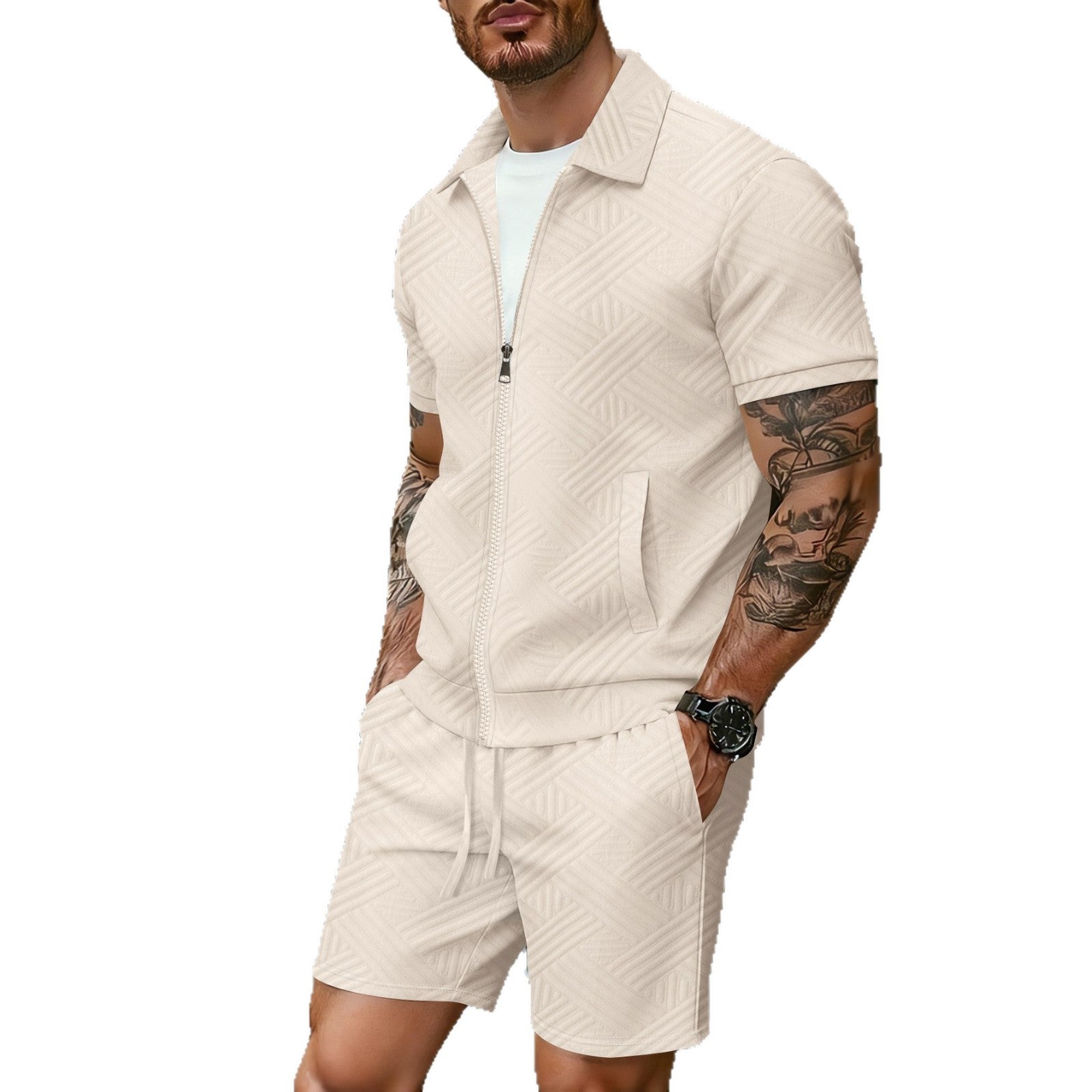 Jacquard Zip-up Cardigan Short-sleeve Jacket And Shorts Set