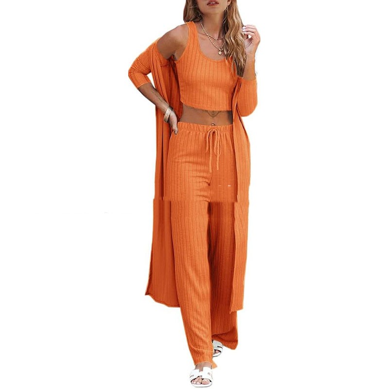 Conjunto de ropa de estar por casa para mujer de tres piezas: chaleco, pantalón y bata