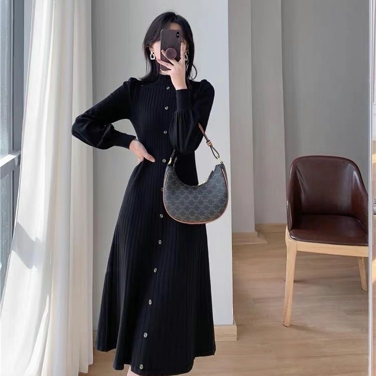 Vestido de punto de manga larga con cuello alto para otoño e invierno