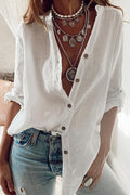 Women's Solid Color Loose V-Neck Long-Sleeve Top